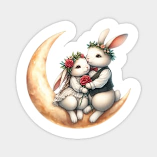 Valentine Rabbit Couple on Moon Magnet