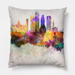 Dallas skyline in watercolor background Pillow