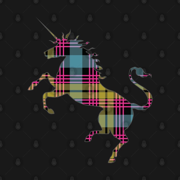 Scottish Pink, Blue and Yellow Tartan Rearing Unicorn Silhouette by MacPean