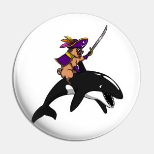 Pug Dog Pirate Riding Orca Whale Pin