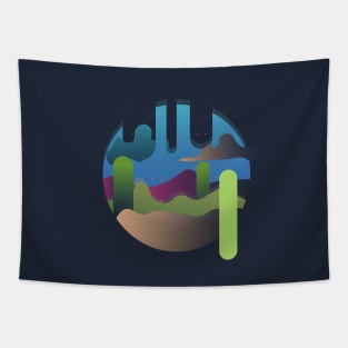 Retro desert with a cut in sky, cacti, and clouds Tapestry