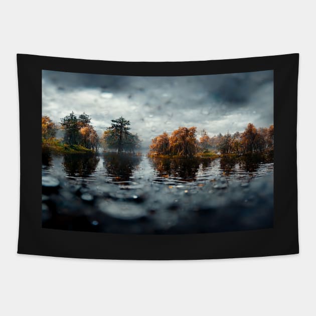 Foggy Lake Falling Raindrops On A Rainy Autumn Day Tapestry by Unwind-Art-Work