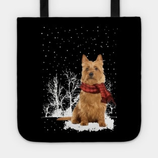 Christmas Australian Terrier With Scarf In Winter Forest Tote