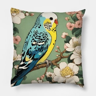 Cute Parakeet in Vintage Japanese Blossoms Parakeet Bird Mom Pillow