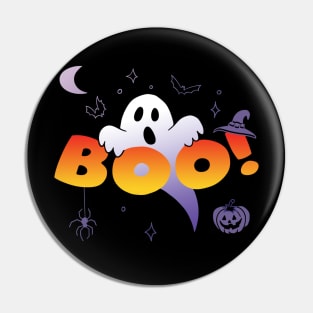 Spooky and Cute Halloween Ghost behind Boo Text Pin