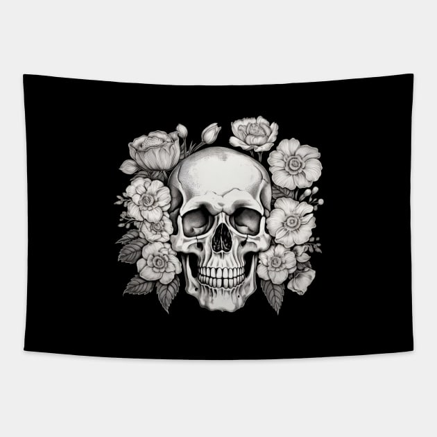 Skull with flowers Tapestry by Merchgard