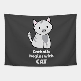 Catholic Begins with Cat — Gray Tabby — Catholic Christian Cat & Kitten Lover's Tapestry