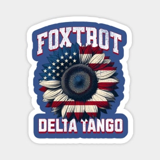 Foxtrot Delta Tango – Funny Patriotic Sunflower USA Flag Retro Magnet