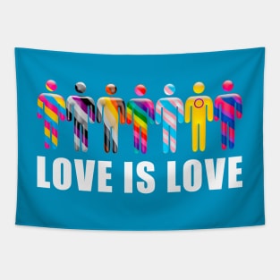 Love is Love with Men icons in LGTBQi+ flag colors Tapestry