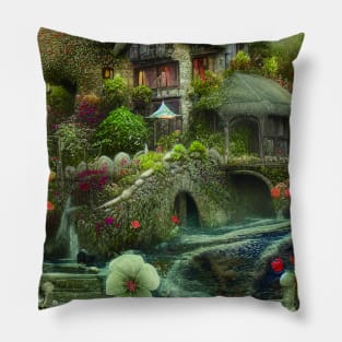 Sparkling Fantasy Cottage with Lights and Glitter Background in Forest, Scenery Nature Pillow