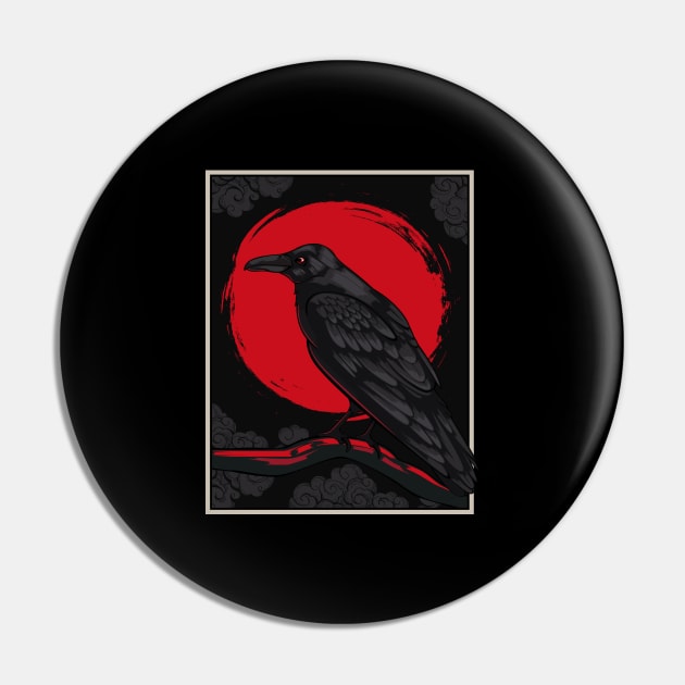 Black Raven Moon Red Japanese Nordic Crow Lover Pin by Funnyawesomedesigns