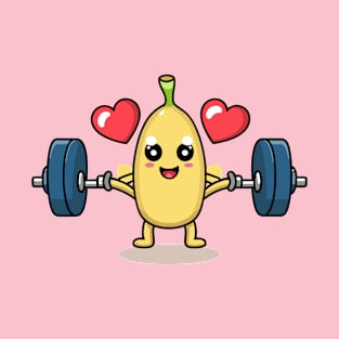 a kawaii cute banana lifting dumbles with red hearts T-Shirt