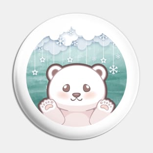 Cute cub polar bear say hi character design with snowflake background. Vector illustration Pin
