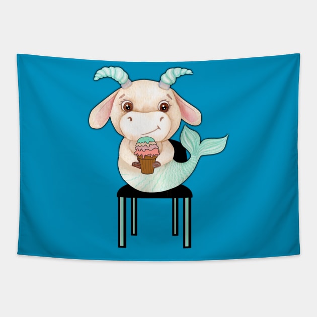 Kawaii Capricorn sitting on a chair and eating ice cream. Cute Capricorn gift idea Tapestry by alcoshirts