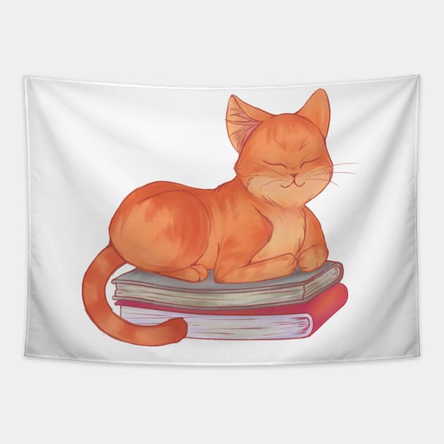 Cat Sleeping on Books Tapestry by SakuraDragon