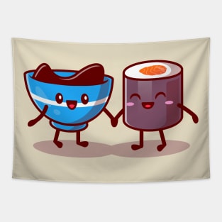 Cute Sushi And Shoyu Sauce Couple Cartoon Tapestry