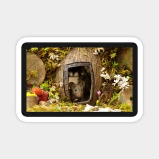 George the mouse in a log pile house Magnet