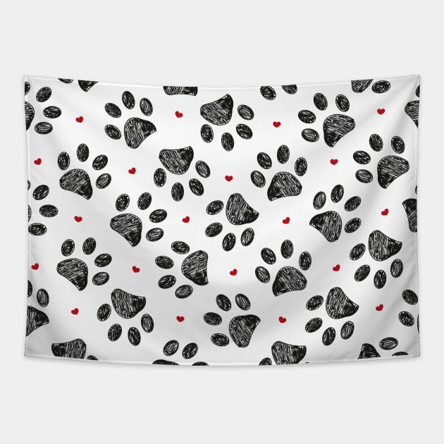 Black paw print with red hearts pattern Tapestry by GULSENGUNEL