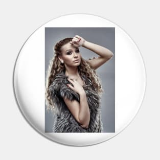 Fashion model on gray background, closeup Pin