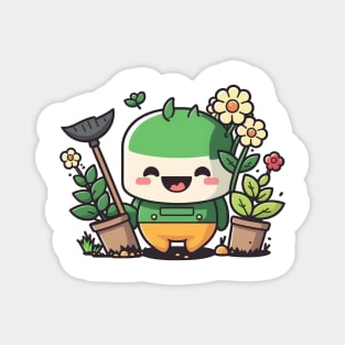 Cute happy kawaii gardener surrounded by beautiful flowers Magnet
