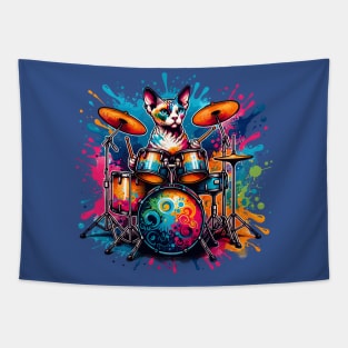 Devon Rex Cat Playing Drums Tapestry