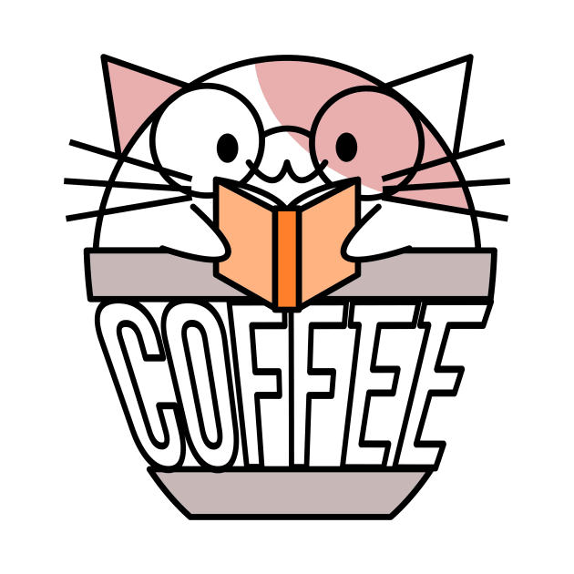 Cat in coffee cup with warped text reading book wearing glasses white and pink by coffeewithkitty