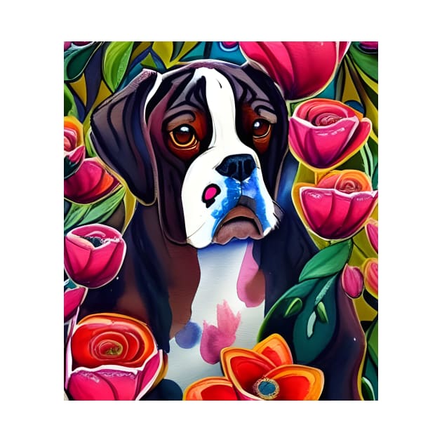 Boxer Dog Floppy Ears Puppy Whimsical Portrait Hiding in Wildflowers Secret Garden Digital Art Watercolor Painting by joannejgg