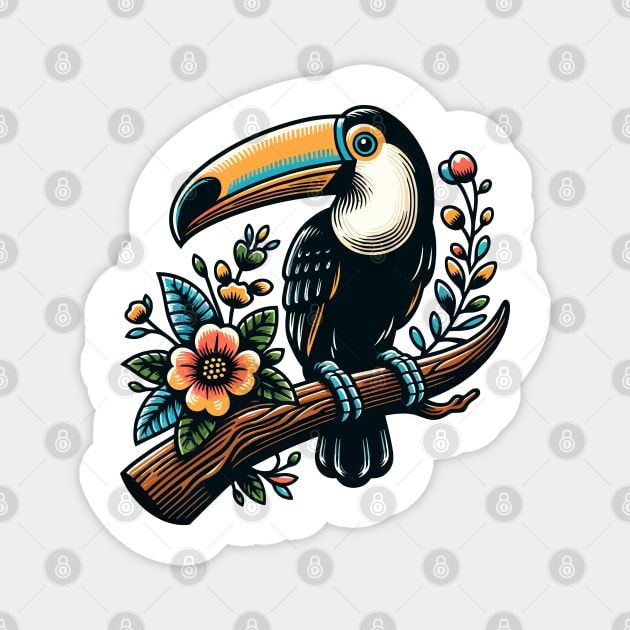 Toucan bird on a tree branch with colorful flowers Magnet by Art_Boys