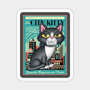 Black and white kitty on city kitty background in green Magnet