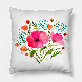 Watercolor poppies bouquet - pink and green Pillow