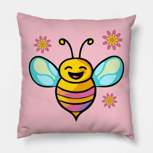 Happy smiling baby bee with flowers. Kawaii cartoon Pillow