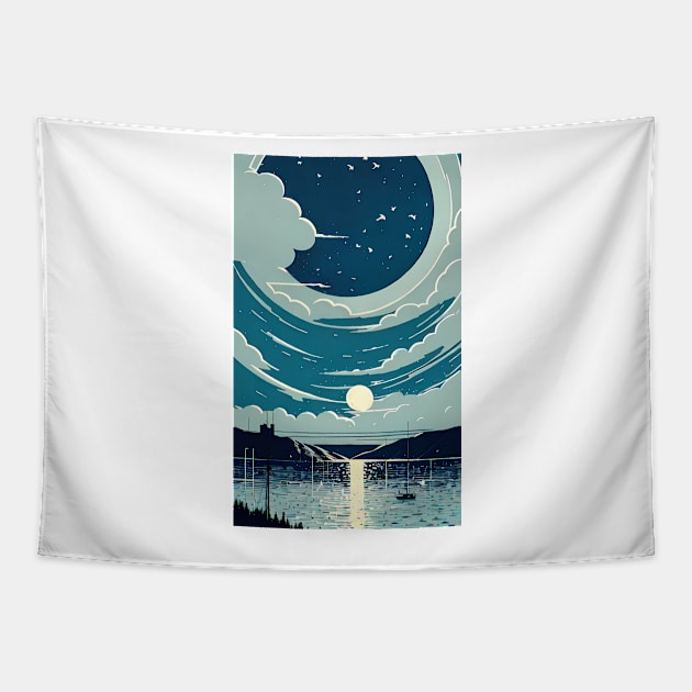 Blue Moon bay abstract line art Tapestry by PsychicLove