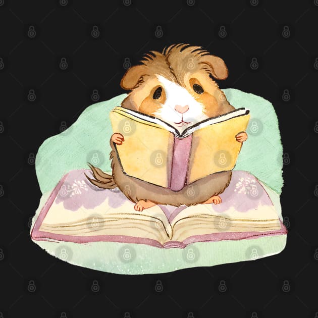 Cute Watercolor Guinea Pig Reading a Book by FarmOfCuties