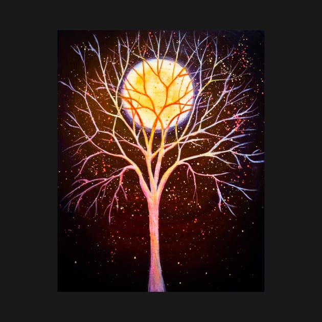 Full moon tree and light bugs by redwitchart