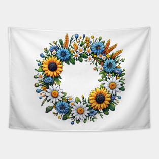 A colorful wreath woven with cornflowers, daisies and sunflowers Tapestry