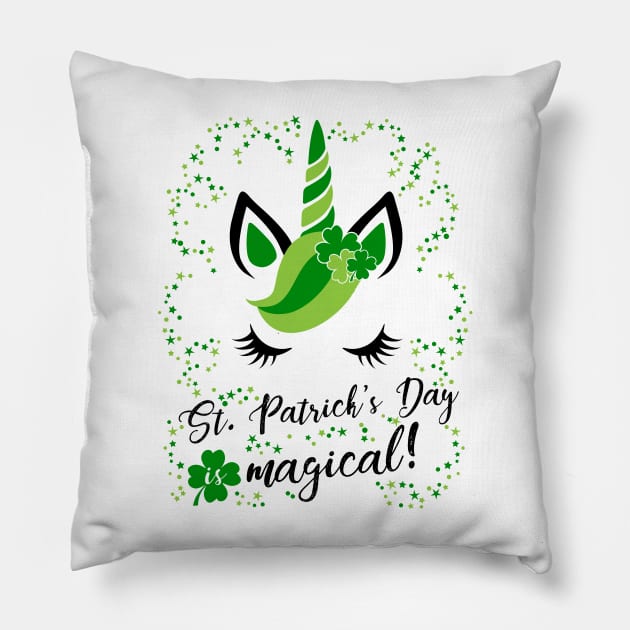 St Paticks Day is magical - Unicorn Baby Toddler Child Shamrock Clover Stars Pillow by Cheesybee