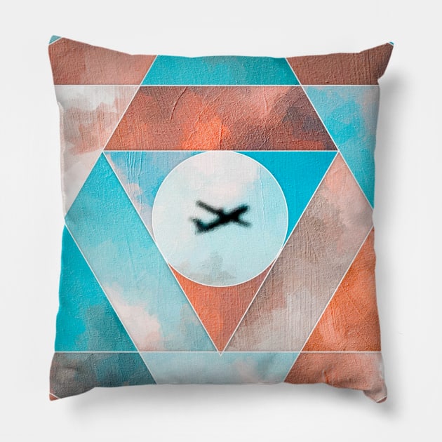 Geometric collage of airplane with cloudy sky oil painting Pillow by DigitPaint