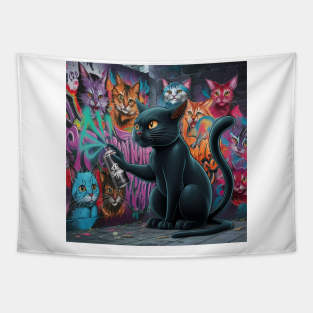 Sleek Black Cat Sprays Graffiti on Wall Tapestry