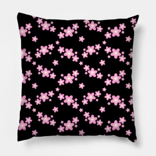 Cherry Blossom Sakura Flower Clusters Pattern in Black Background Pillow