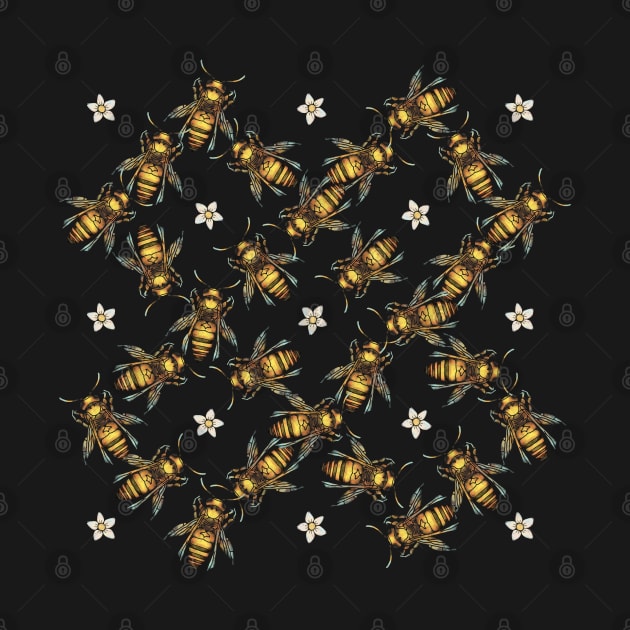 Bees And Flowers On Black Pattern by okpinsArtDesign