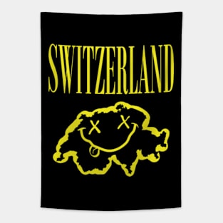 Vibrant Switzerland: Unleash Your 90s Grunge Spirit! Smiling Squiggly Mouth Dazed Smiley Face Tapestry