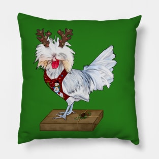 Splash Polish Rooster In An Ugly Christmas Sweater Vest, Reindeer Antlers, And Gift Pillow