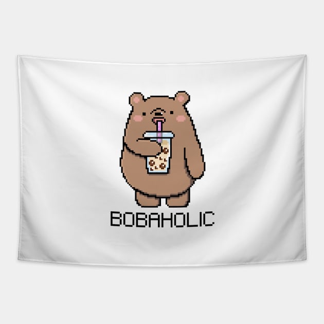 Bobaholic Pixel Bear Loves Boba Tea! Tapestry by SirBobalot