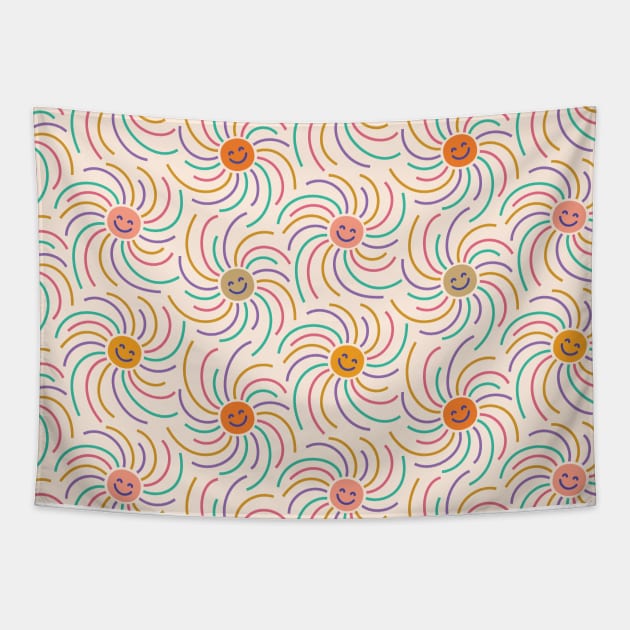 Cute boho illustration of happy suns with smiling faces dancing around. Tapestry by EliveraDesigns