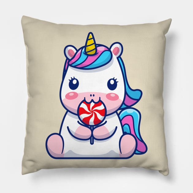 Cute Unicorn Eating Lollipop Cartoon Pillow by Catalyst Labs