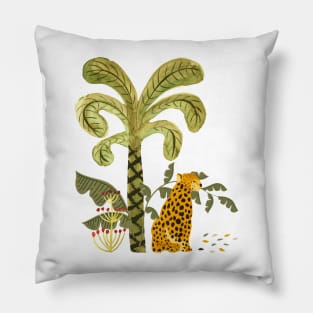 Leopard in the rainforest jungle with palm trees Pillow