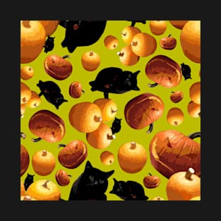 Black Cat and Pumpkins Tossed on Yellow Green Repeat 5748 T-Shirt