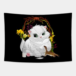 Sweet little cat with otter drinking milk Tapestry