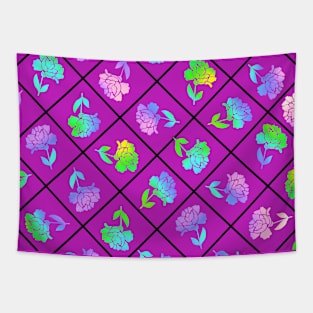 Window Pane Diagonal Floral Black Line on Magenta Tapestry