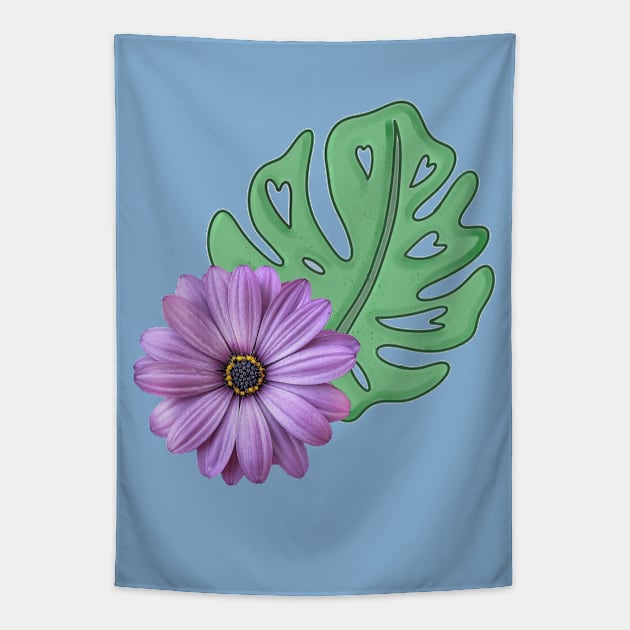 Monstera Leaf and Purple Daisy - Swiss Cheese Leaf Tapestry by Tenpmcreations